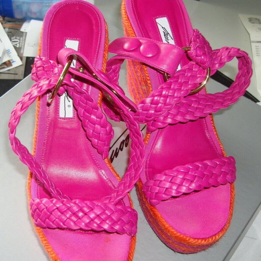 NEW Brian Atwood Leather & Multi-color Raffia 38/8